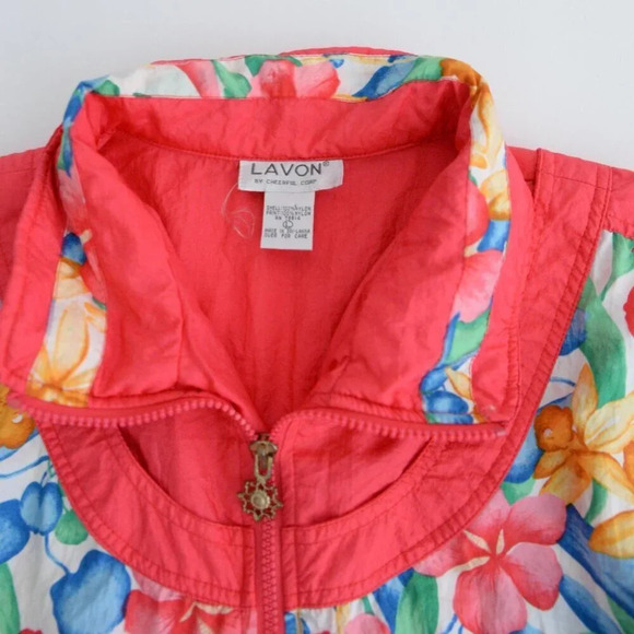 Vintage Lavon 90's 'Neon Coral & Floral Nylon Zip Up  Windbreaker Jacket L - Picture 10 of 11